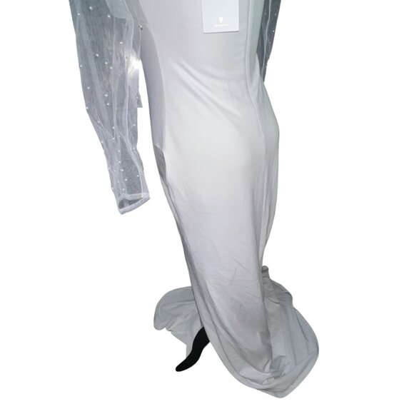 Lulus Eternally Beloved White Mesh Off-the-Shoulder Pearl Maxi Wedding Dress Sz - Picture 13 of 16